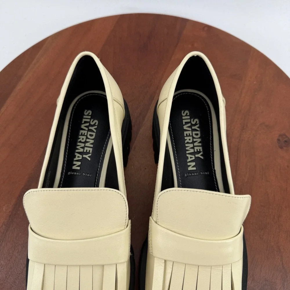 Sydney Silverman X Gianni Bini Cream Leather Kiltie Fringe Lug Sole Loafers 9.5M